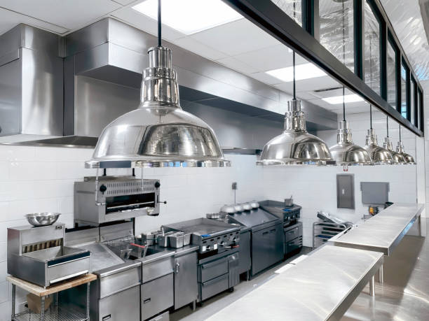 Commercial kitchen with clean counter top